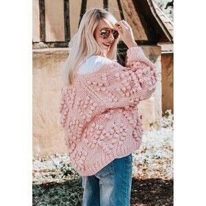 chickwish Knit Your Love pom pom pink wool blend Cardigan size M